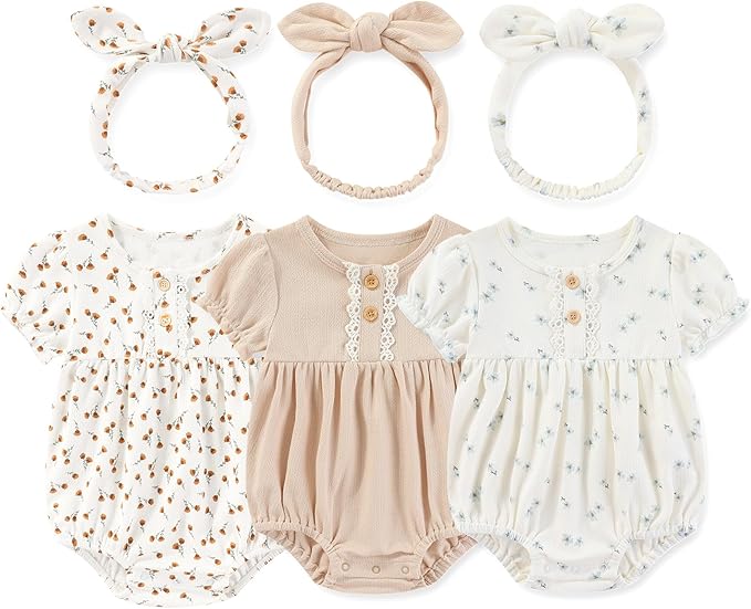 Newborn Baby Girl Clothes Cotton Bubble Romper Floral Short Sleeve Bodysuit 3 by MAMIMAKA