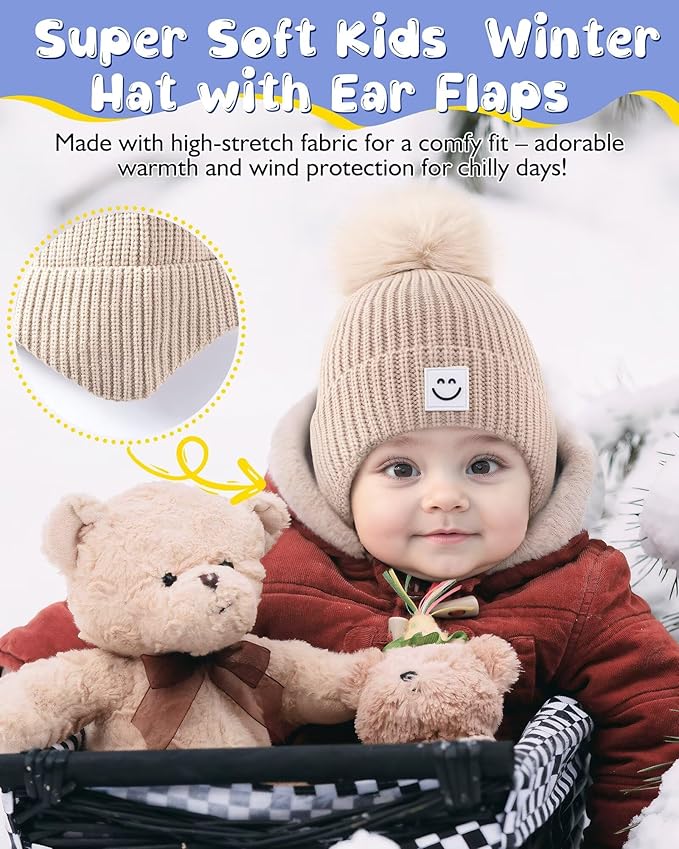 3 Pack Baby Winter Hats with Earflaps, 2 Size Kids Pom Pom Beanie - Image 4