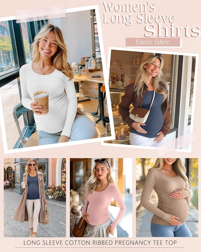 Riyiper 4 Pack Women's Maternity Shirts, Long Sleeve Cotton Ribbed Pregnancy - Image 2