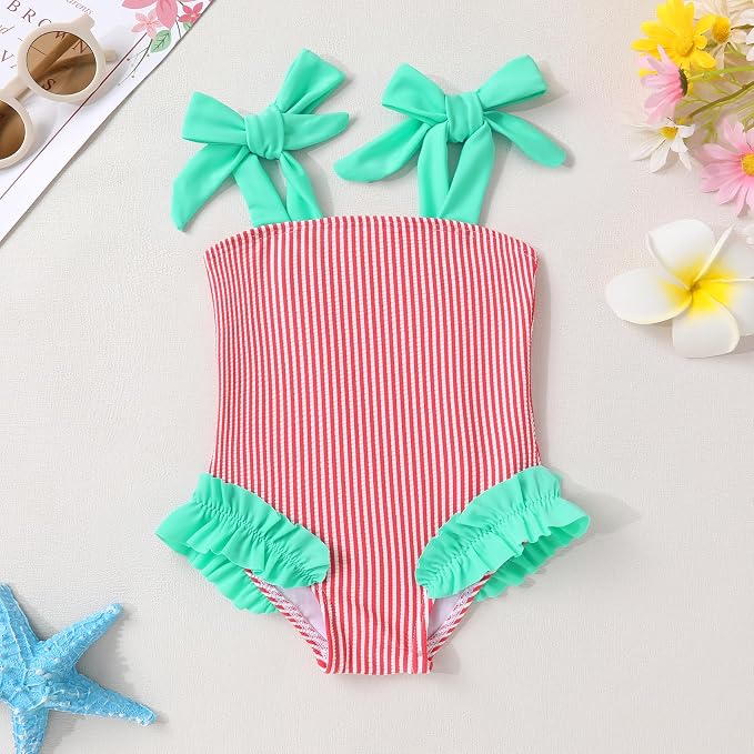 Happy Town Toddler Swimsuit Girl Solid Color Stripe One-Piece Baby Bathing Suits - Image 2