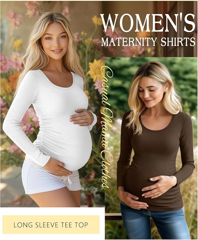 Riyiper 4 Pack Women's Maternity Shirts, Long Sleeve Cotton Ribbed Pregnancy - Image 3