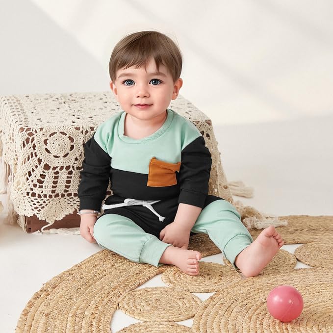 Kupretty Toddler Baby Boy Fall Winter Clothes Color Block Long Sleeve - Image 2