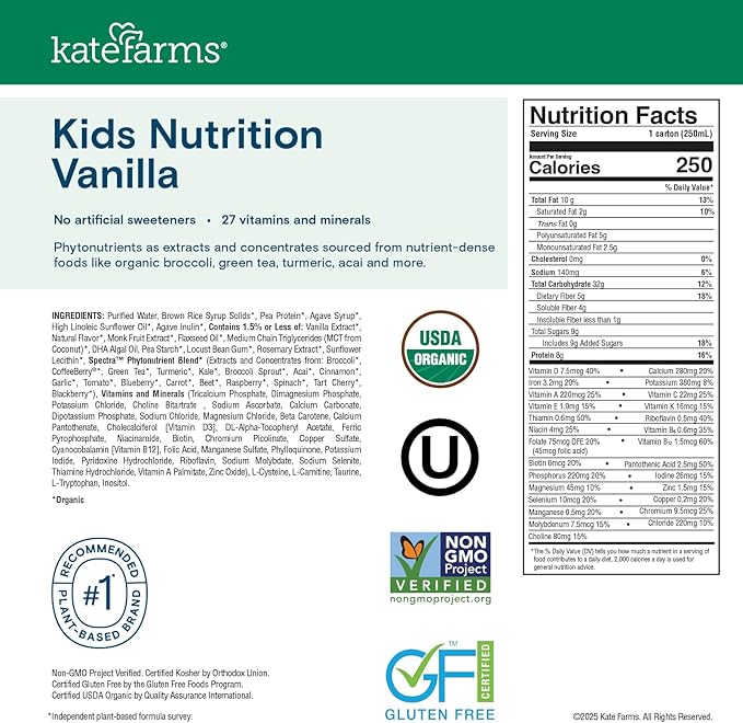 KATE FARMS Organic Kids Nutrition Vanilla Shake, 8g Protein, 27 Vitamins and - Image 6