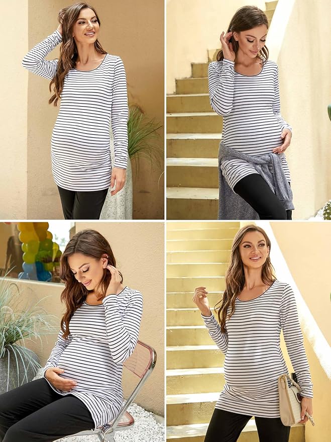 Ecavus Women's Maternity Shirts Long Sleeve Soft Stretchy Pregnancy Tops Side - Image 6