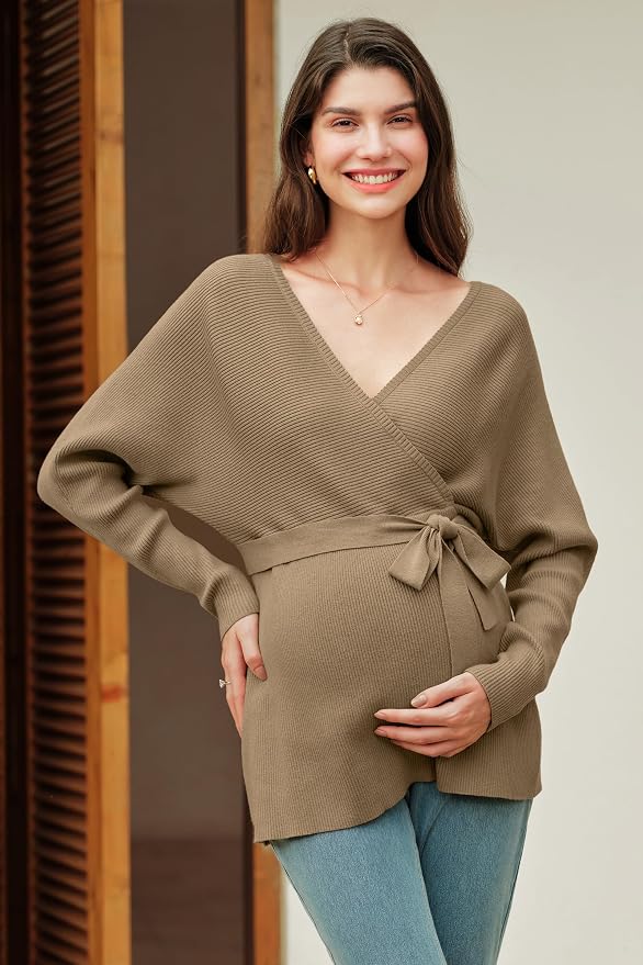 OUGES Womens Soft Cotton Blend Maternity Sweater Wrap V Neck Long Sleeve V Back - Image 5
