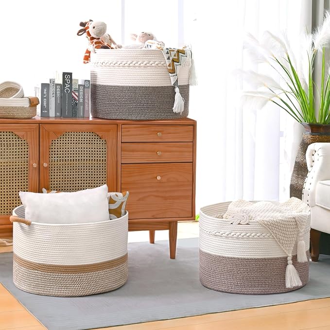 67L Large Blanket Basket, Cotton Rope Blanket Basket Living Room, Baby Laundry - Image 5