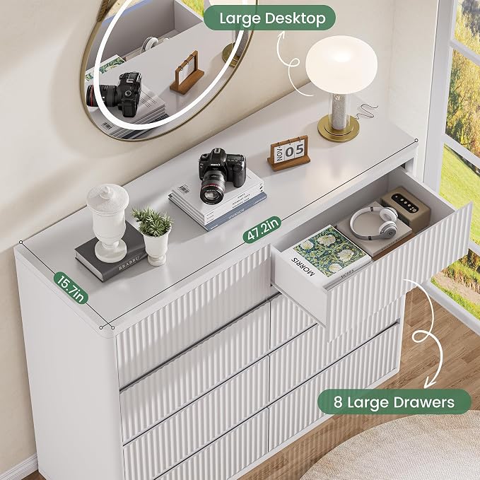 White 8 Drawer Dresser, Modern Fluted Dressers & Chest of Drawers - Image 5