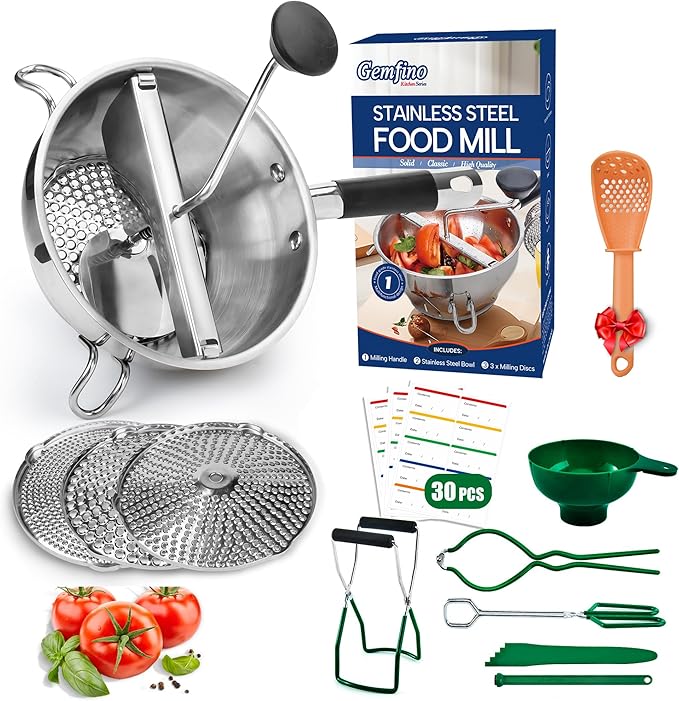 Food Mill Stainless Steel With 3 Grinding Discs and Complete Canning Supplies by Gemfino