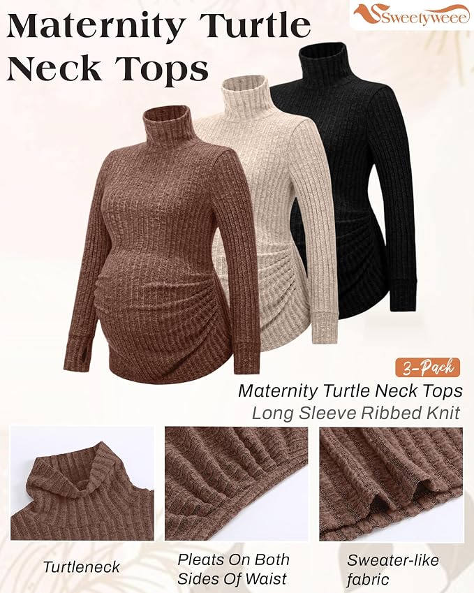 3 Pack Maternity T-Shirts Pregnancy Tops Women Sweater Long Sleeve Turtleneck - Image 3