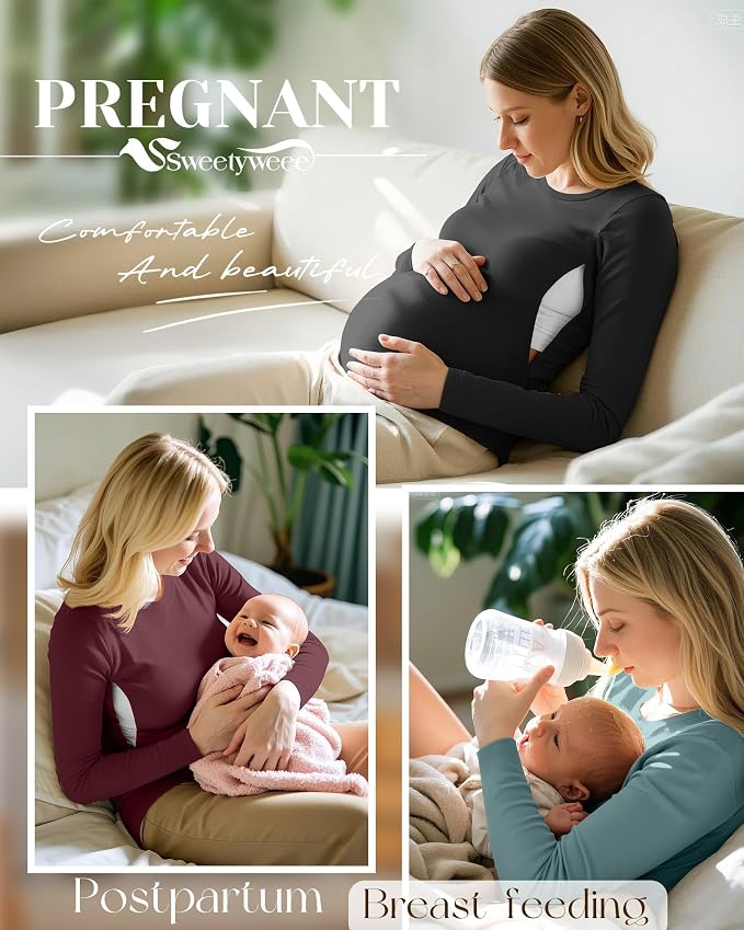 4 Pack Women's Nursing Breastfeeding Tops, Long Sleeve Maternity Shirts Loose - Image 2