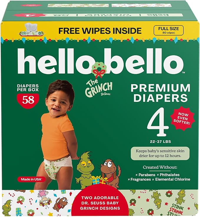 Hello Bello Dr. Seuss Baby Grinch Premium Diapers, Size 4, 58ct Plus Bonus by HelloBello