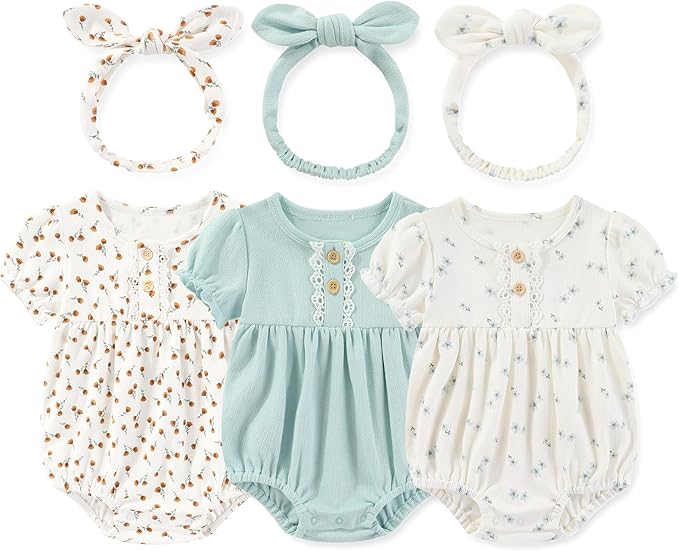 Newborn Baby Girl Clothes Cotton Bubble Romper Floral Short Sleeve Bodysuit 3 by MAMIMAKA