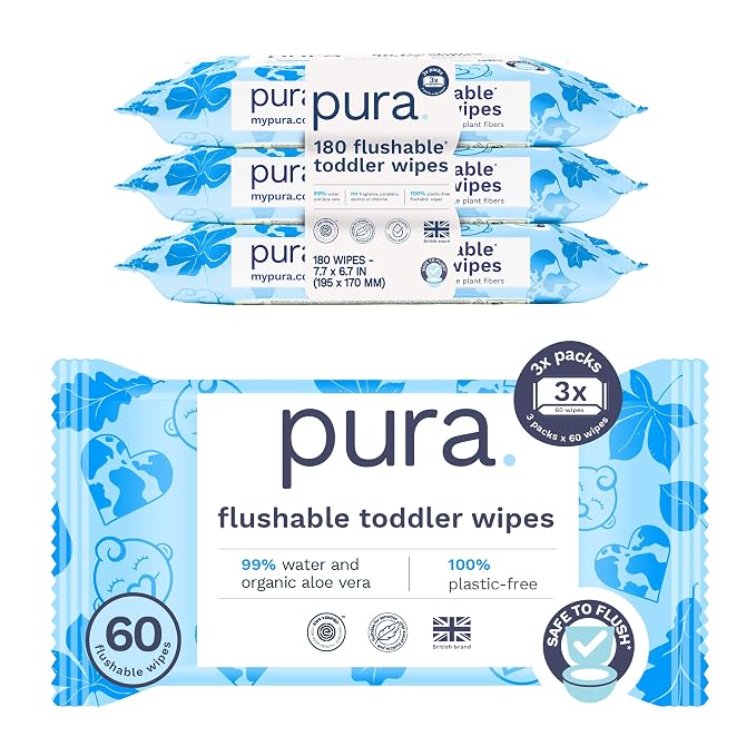 Pura Flushable Toddler Wipes 3 x 60 Wipes, 100% Plastic Free, 99% Water by MyPura