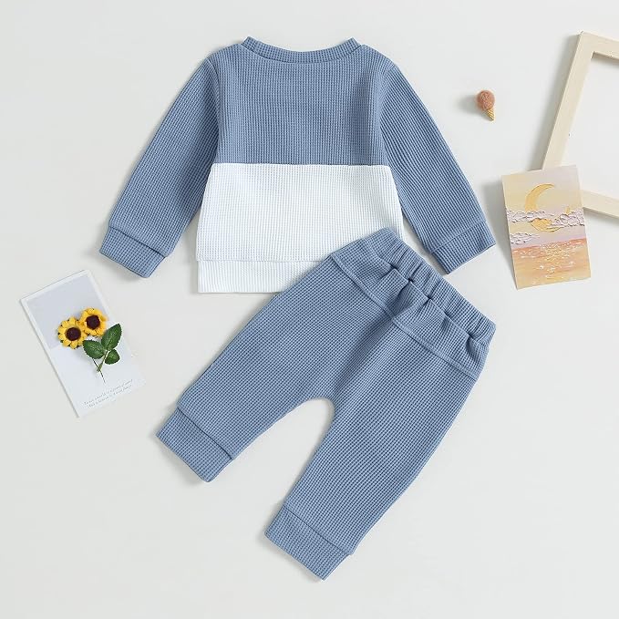 Toddler Baby Boy Fall Clothes Waffle Contrast Color Sweatshirt Pants Sets - Image 4