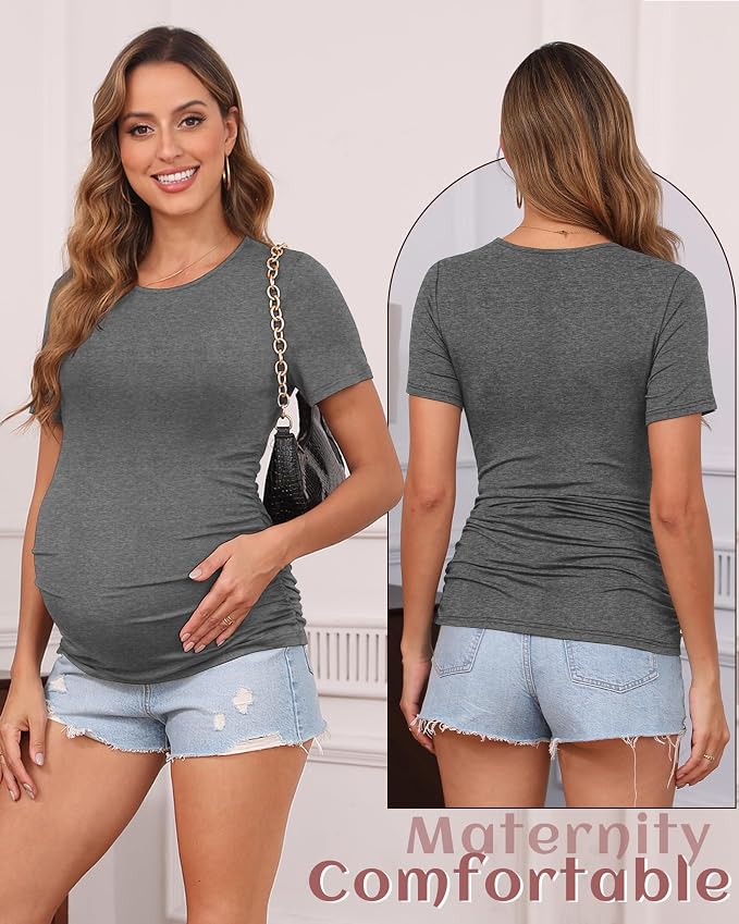 Huukeay 4 Pack Women's Maternity Shirts, Crew Neck Maternity Top Short Sleeve - Image 2