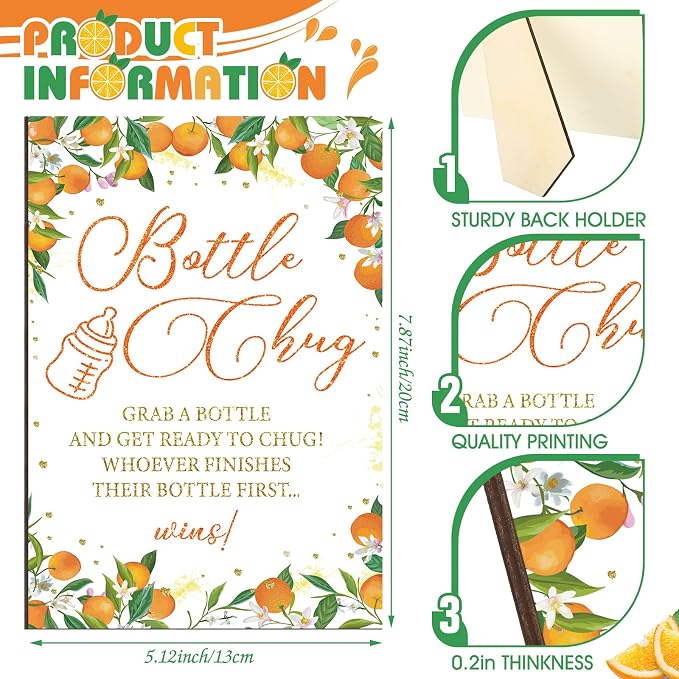 TrelaCo Little Cutie Cool Baby Shower Games Bottle Chug Sign Wooden Orange - Image 3