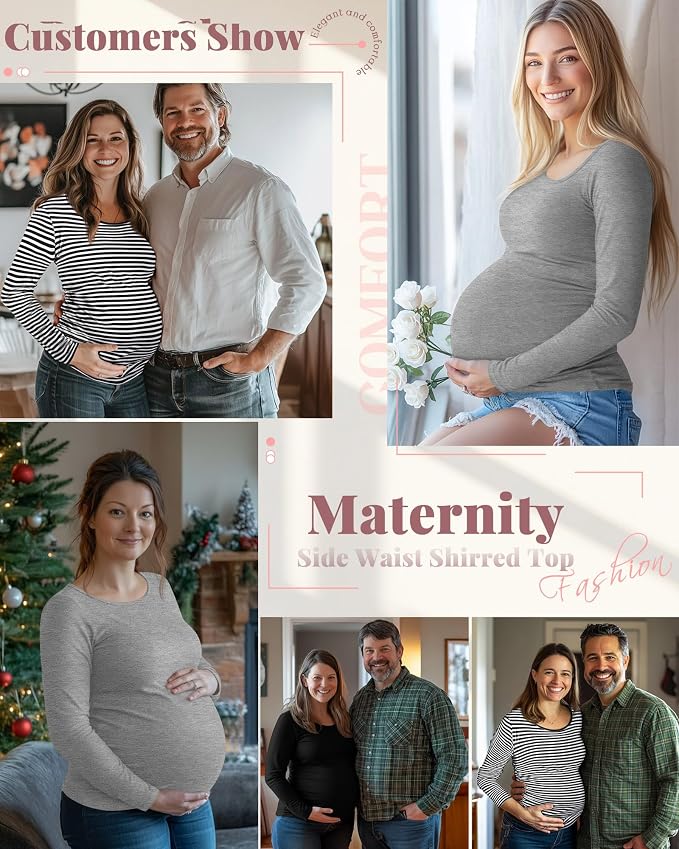 Ficerd 3 Pack Women's Maternity Shirts, Long Sleeve Side Ruched Pregnancy Tee - Image 2