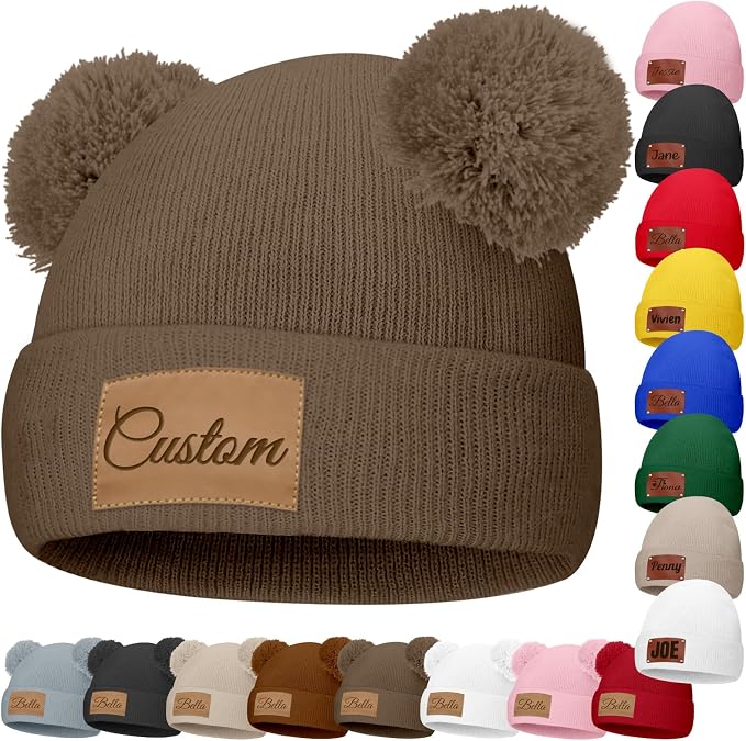Custom Baby Beanies Personalized Toddler Winter Hats Name Leather Patch Kids by Unknown