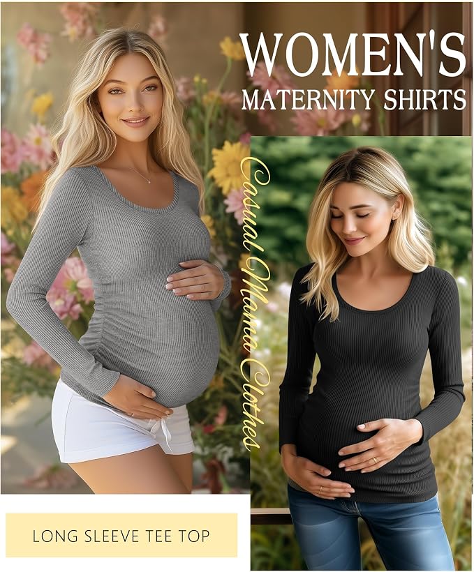 Riyiper 4 Pack Women's Maternity Shirts, Long Sleeve Cotton Ribbed Pregnancy - Image 3