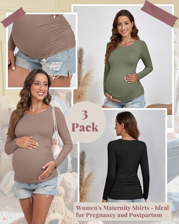 Ficerd 3 Pack Women's Maternity Shirts, Long Sleeve Side Ruched Pregnancy Tee - Image 3