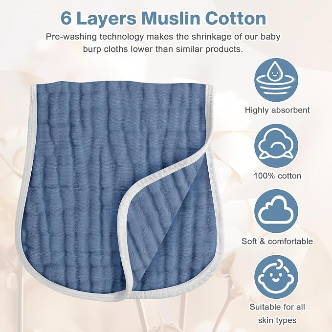 MUKIN Baby Muslin Burp Cloth Set of 6, Ultra Soft Absorbent Thick Cotton - Image 6