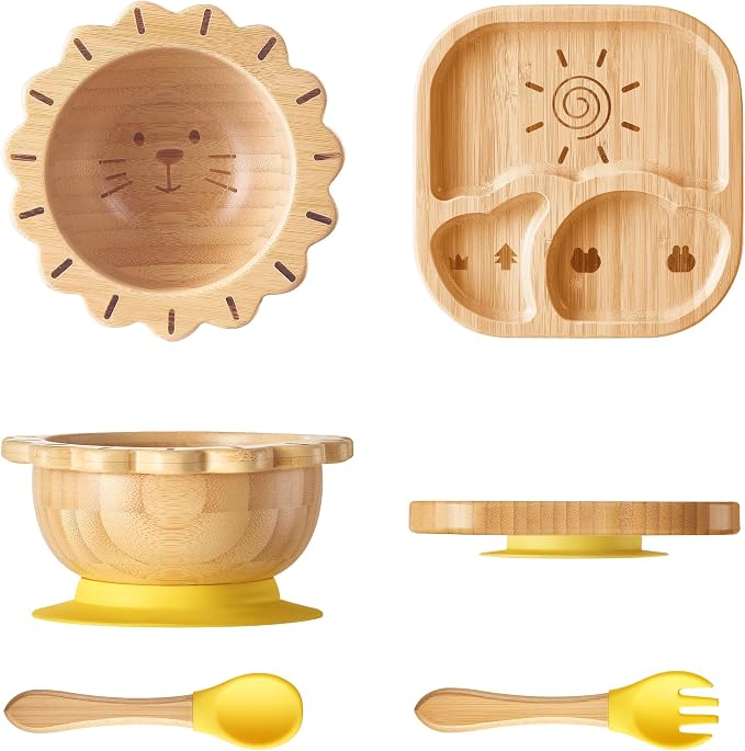 Suction Plates Bowls Set for Baby Toddler Non-Toxic Bamboo Feeding Set by BABY+REMEMBER