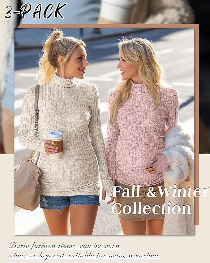 3 Pack Maternity T-Shirts Pregnancy Tops Women Sweater Long Sleeve Turtleneck - Image 5