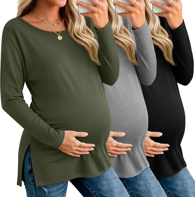 Riyiper 3 Pack Women's Maternity Long Sleeve T-Shirts Round Neck Side Split by Riyiper