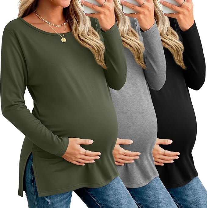 Riyiper 3 Pack Women's Maternity Long Sleeve T-Shirts Round Neck Side Split by Riyiper