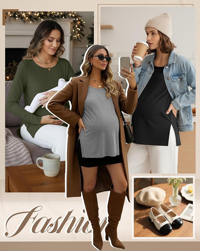 Riyiper 3 Pack Women's Maternity Long Sleeve T-Shirts Round Neck Side Split - Image 2