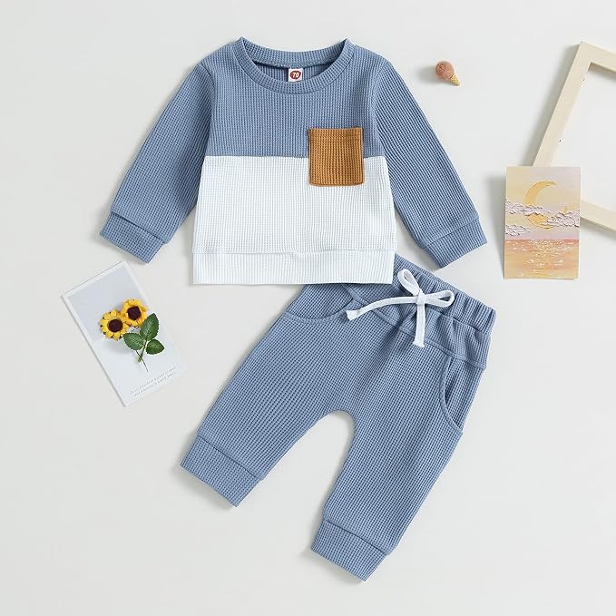 Toddler Baby Boy Fall Clothes Waffle Contrast Color Sweatshirt Pants Sets - Image 2