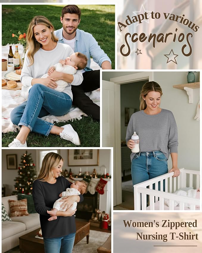 3 Pack Women's Nursing Breastfeeding Tops, Long Sleeve Maternity Shirts - Image 2