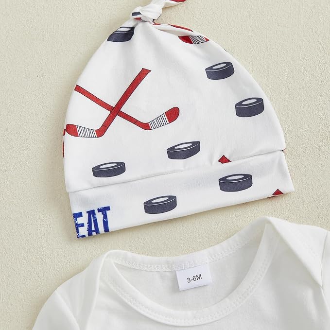 Baby Boy Hockey Outfit New Player in Town Long Sleeve Romper Long Pants Hat Set - Image 5