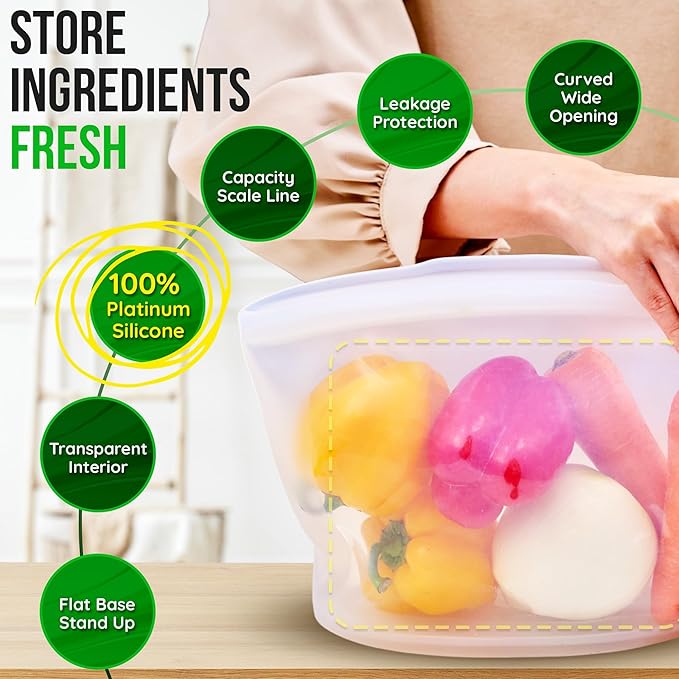 Premium Platinum Silicone Reusable Food Storage Bags 3-Pack, Airtight Zip Lock - Image 4