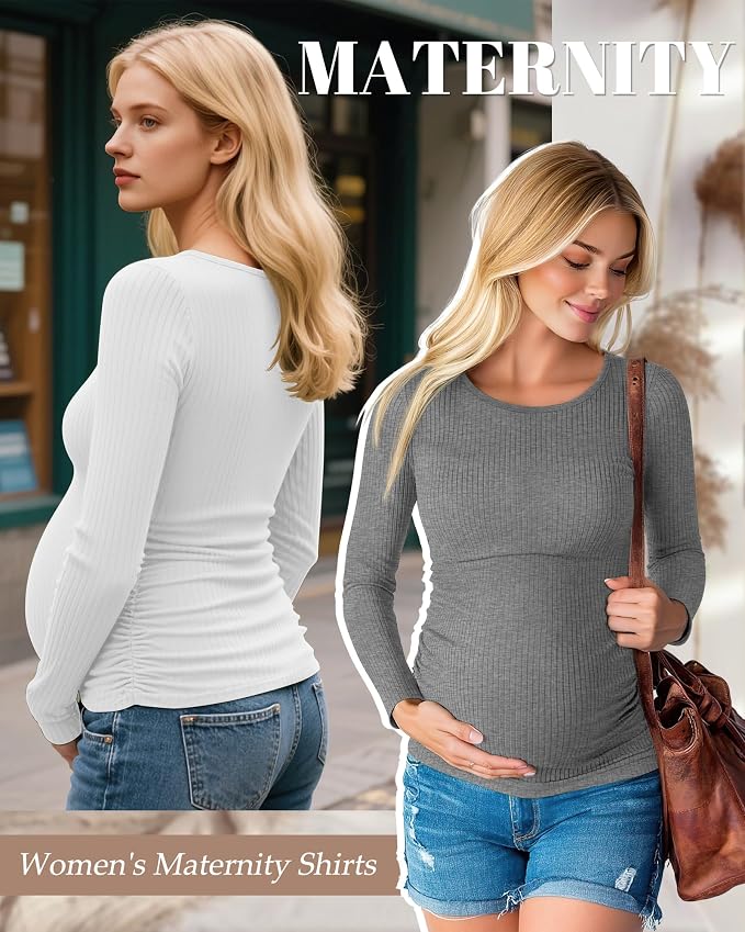 Huukeay 4 Pack Women's Maternity Shirts, Long Sleeve Cotton Ribbed Pregnancy - Image 2
