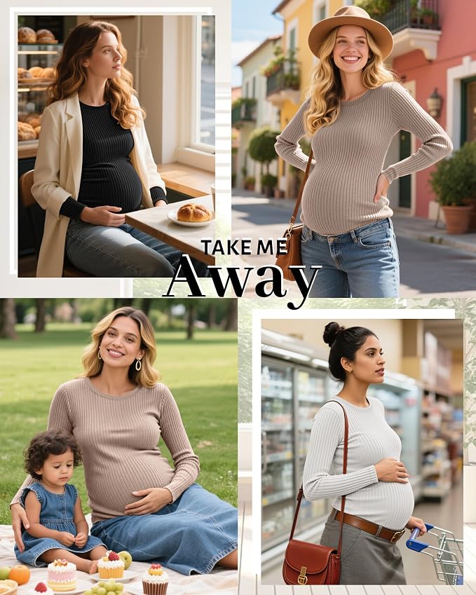 Riyiper 3 Pack Women's Maternity Shirts Long Sleeve Ribbed Knit Pregnancy Tees - Image 5