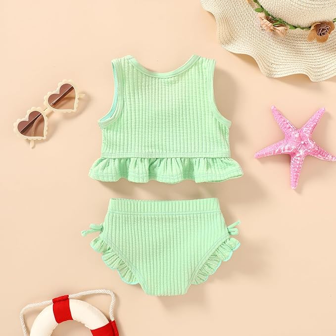 HAPPYMA Baby Swimsuit Toddler Girl Bathing Suit Summer Solid Color Bikini Set - Image 3