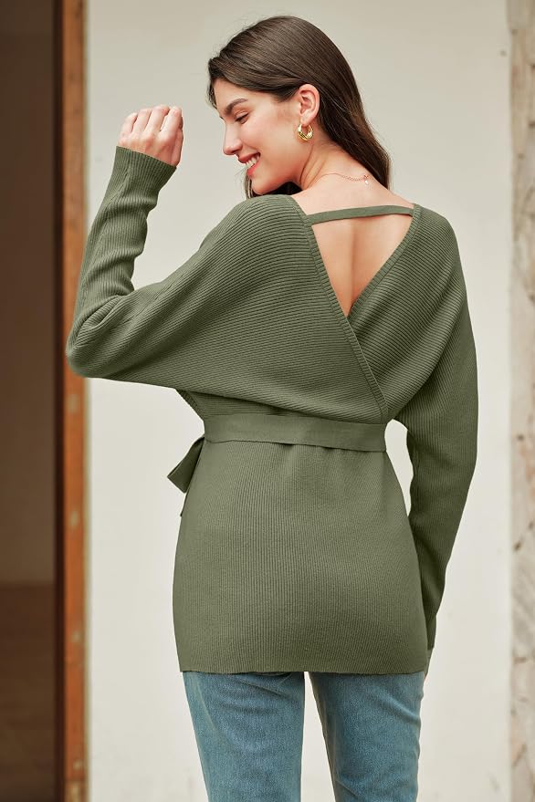 OUGES Womens Soft Cotton Blend Maternity Sweater Wrap V Neck Long Sleeve V Back - Image 3