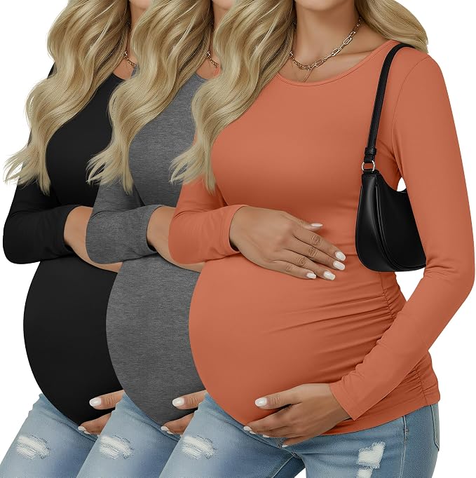 Ficerd 3 Pack Women's Maternity Shirts, Long Sleeve Side Ruched Pregnancy Tee by Ficerd