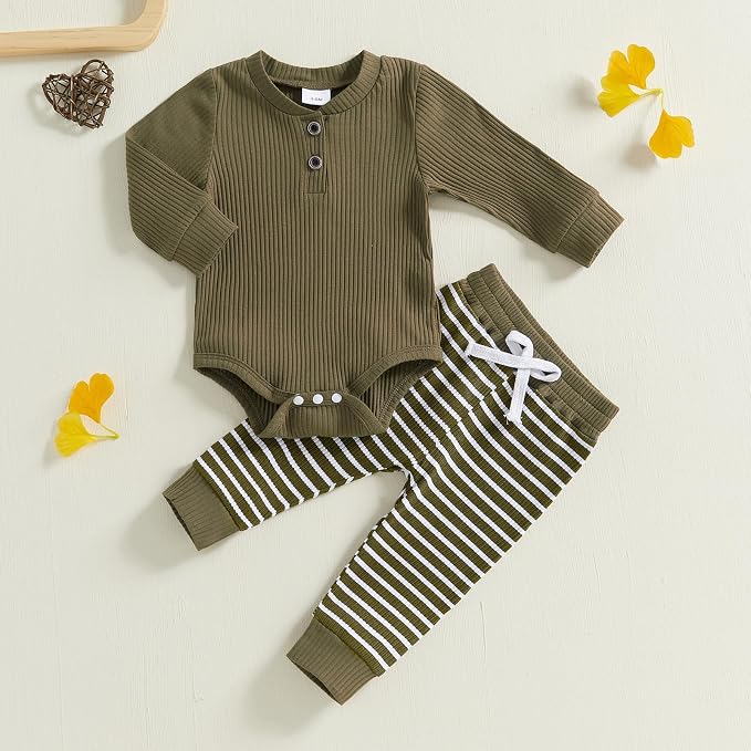Newborn Baby Boy Girl Clothes Ribbed Knitted Long Sleeve Romper Pants Solid - Image 2