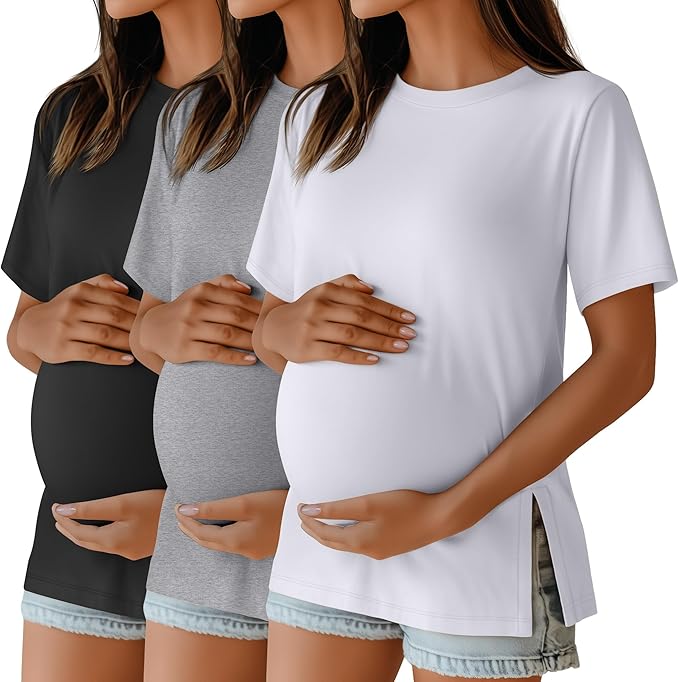 Ficerd 3 Pack Women's Maternity T Shirts, Short Sleeve Side Split Pregnancy by Ficerd