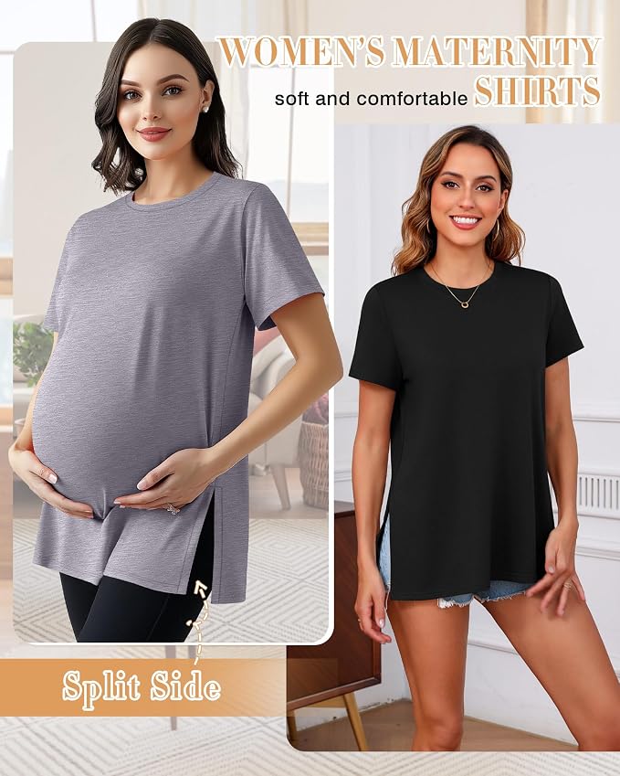 Ficerd 3 Pack Women's Maternity T Shirts, Short Sleeve Side Split Pregnancy - Image 2