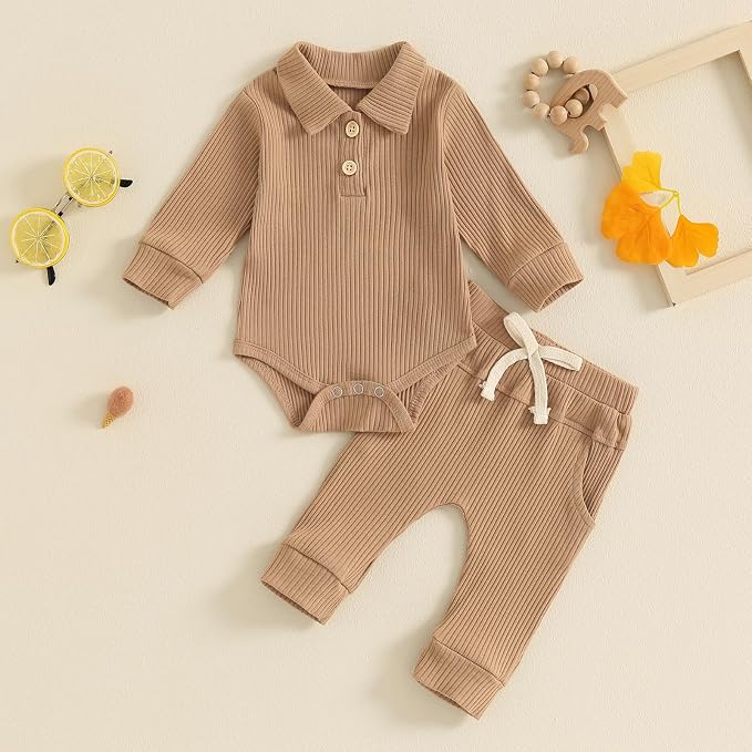 Newborn Baby Boy Girl Clothes Ribbed Knitted Long Sleeve Romper Pants Solid - Image 2