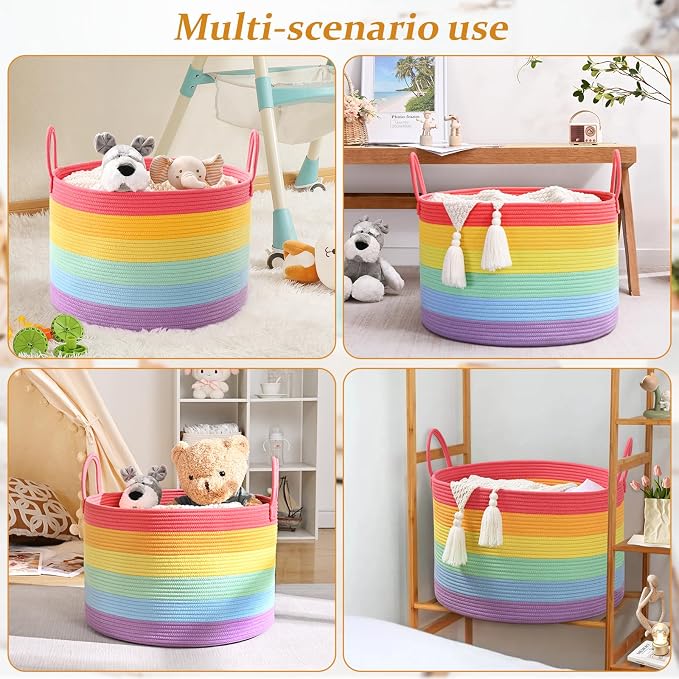 67L Rainbow Storage Basket for Organizing, Cotton Rope Woven Blanket Basket - Image 5