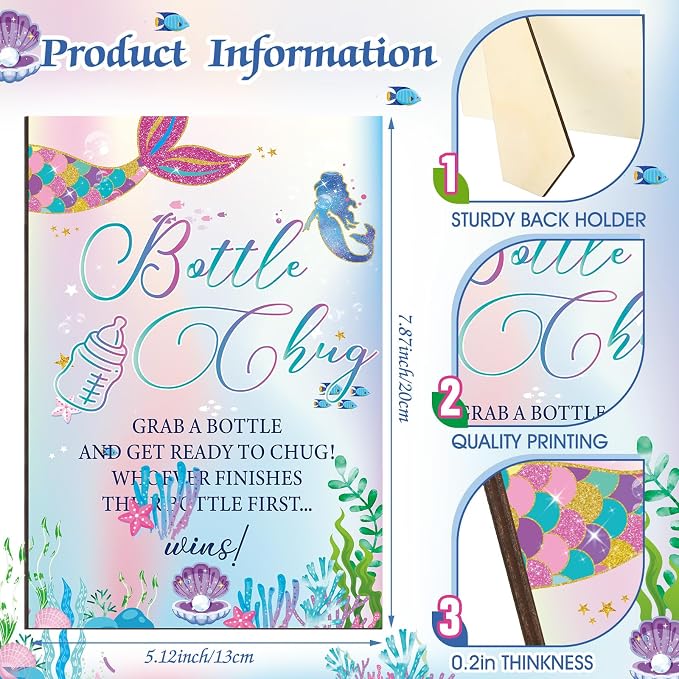 TrelaCo Mermaid Cool Baby Shower Games Bottle Chug Sign Wooden Mermaid Theme - Image 4