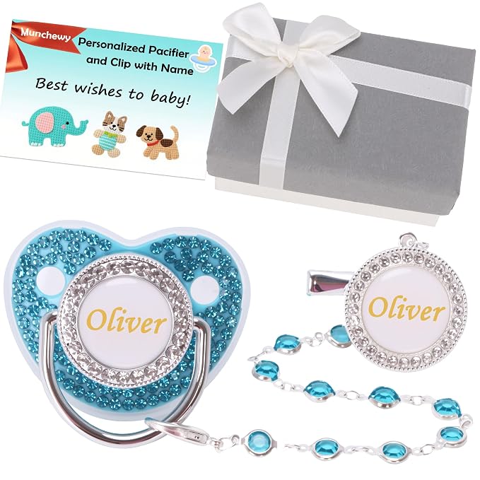 Personalized Pacifier with Name, Customized Pacifier Clip Set with Gift Box by Munchewy
