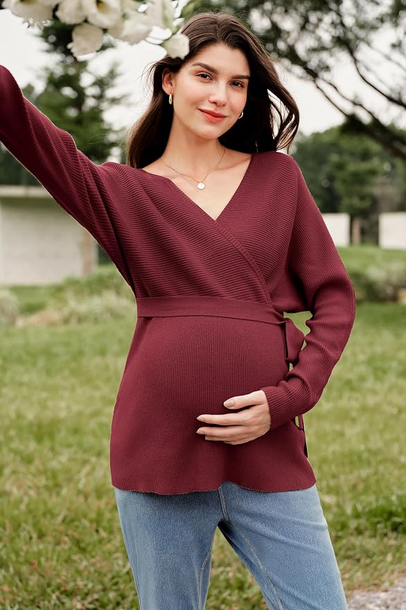 OUGES Womens Soft Cotton Blend Maternity Sweater Wrap V Neck Long Sleeve V Back - Image 4
