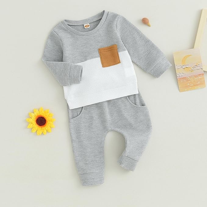 Toddler Baby Boy Fall Clothes Waffle Contrast Color Sweatshirt Pants Sets - Image 3