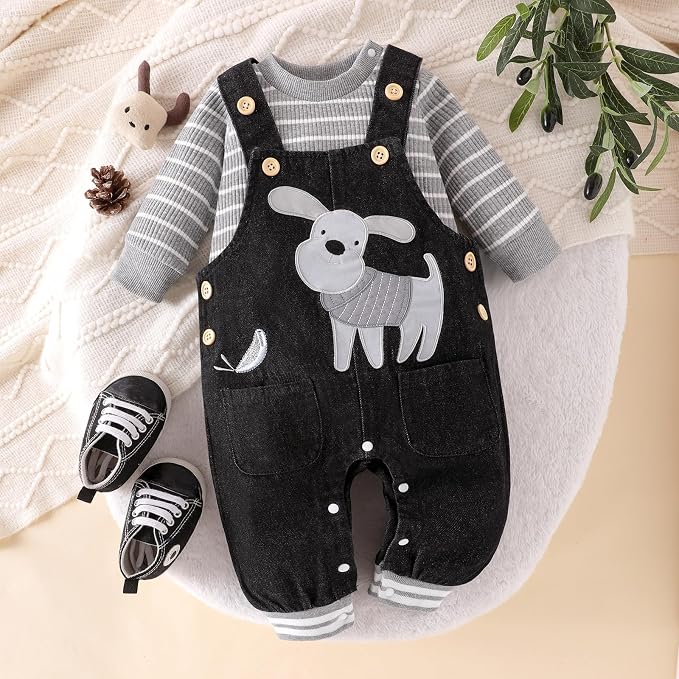 Baby Boy Clothes Fall Winter Outfits Long Sleeve Striped Romper Cute Cartoon - Image 2