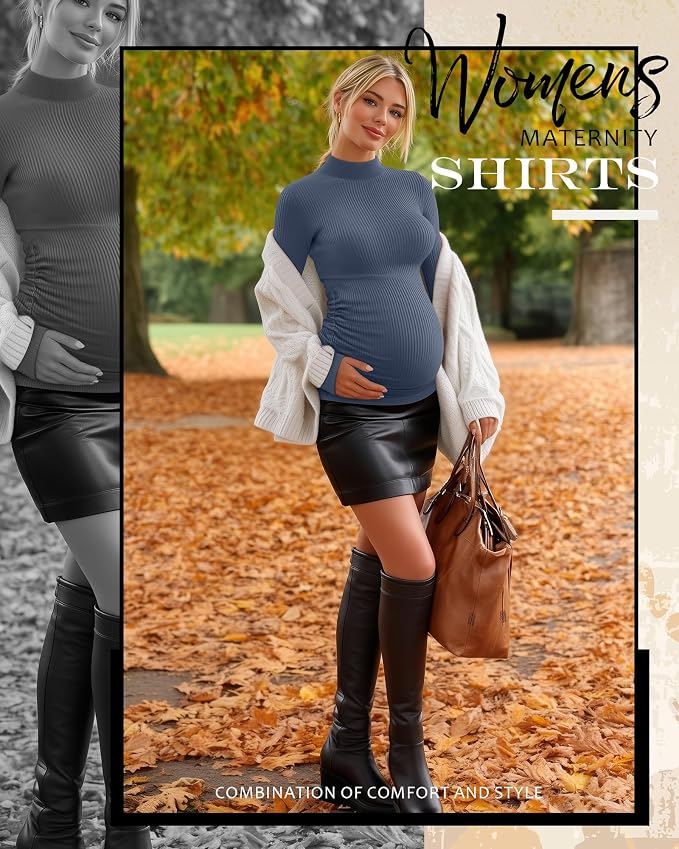 4 Packs Womens Maternity Shirts Long Sleeve Cotton Ribbed Pregnancy Mock Neck - Image 2